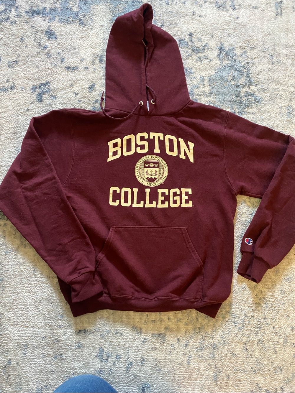 Champion Maroon Boston College Crewneck Hoodie with Gold Print